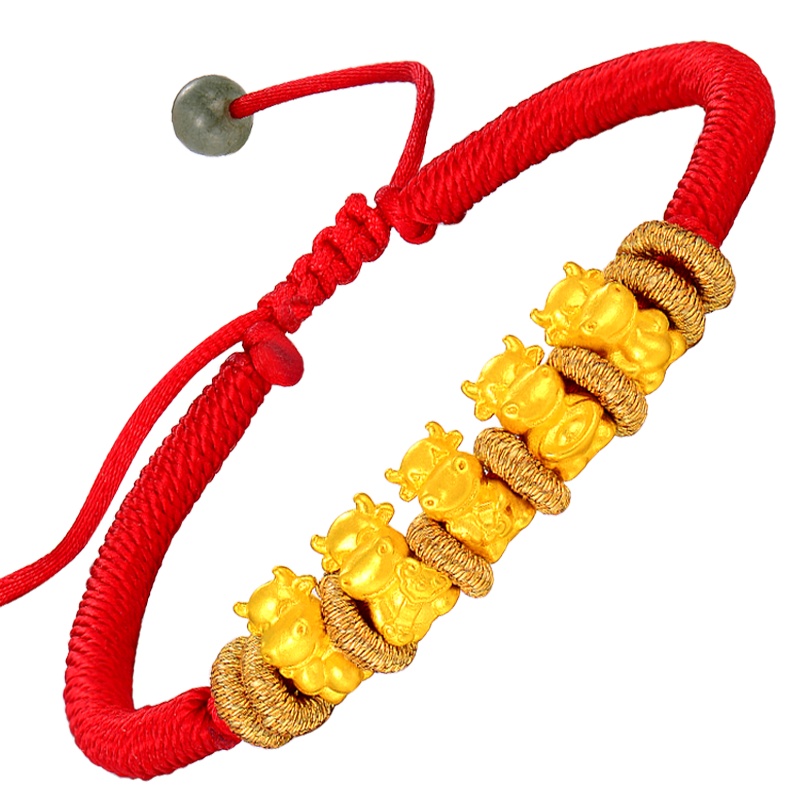 蒂蔻（Tico）本命年生肖牛运当头五福金牛黄金转运珠手链小孩款编织红绳拉伸款3D硬足金牛年宝宝手饰新年礼物