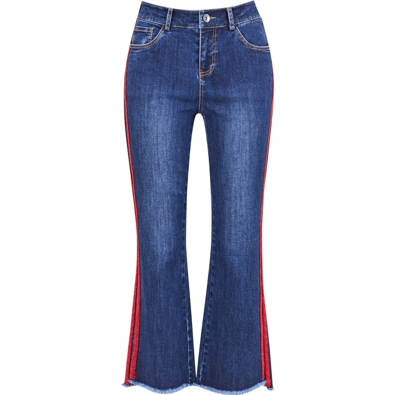 娅丽达女裤2019秋季新款微喇叭牛仔裤女侧条纹宽松显瘦女士九分裤I31150