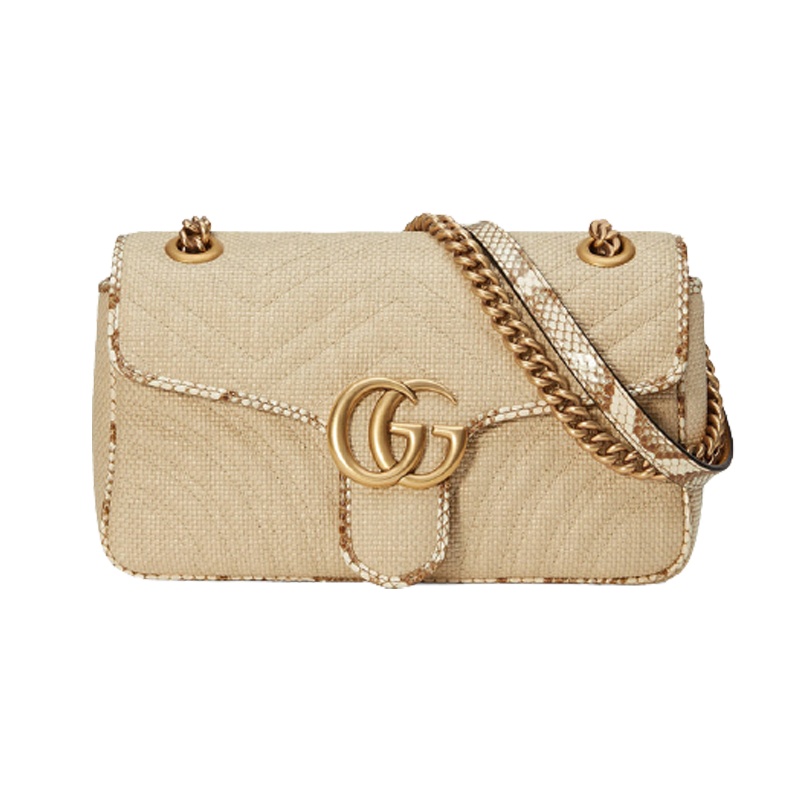 古驰 GUCCI GG Marmont系列拉菲小号肩背包单肩斜挎包 米色 443497 GZ6AT 9566