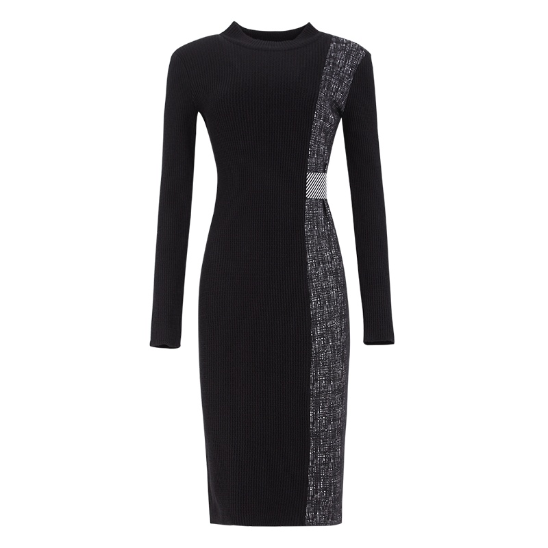 晚白2019秋季新品复古长袖修身显瘦中长款包臀一步裙针织连衣裙女