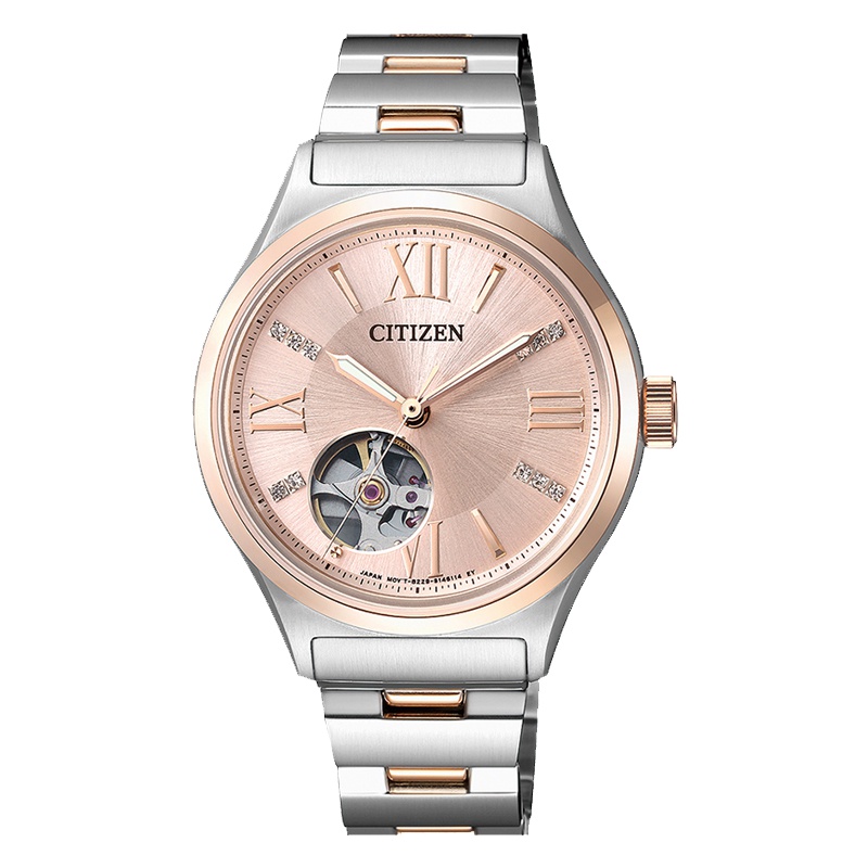 西铁城(CITIZEN)手表女日本镶嵌水晶镂空透视自动机械不锈钢间粉金色钢带防水女生腕表PC1009-51W