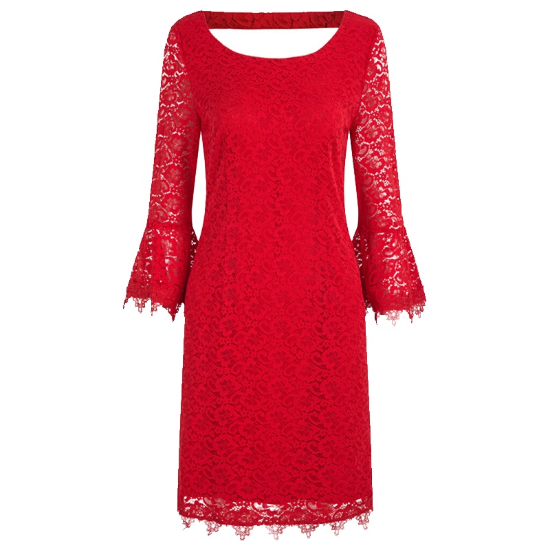 【福利款】7M莫丽菲尔秋冬新款修身蕾丝七分喇叭袖荷叶边气质连衣裙短裙女士70007175