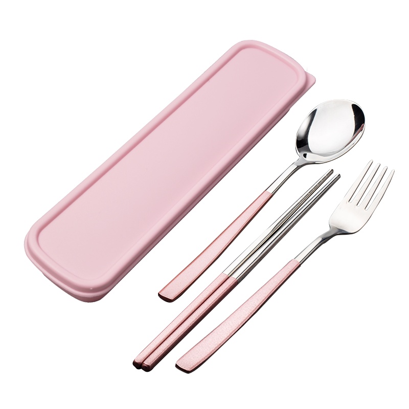 拾画 304不锈筷勺便携餐具套装(筷子+勺子+叉子)家用野餐餐具 粉色款3件套