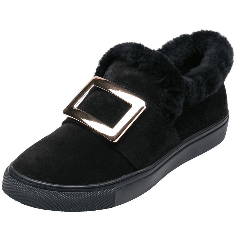 康奈女鞋 冬季时尚套脚靴子女韩版金属方扣短毛绒雪地靴1278001