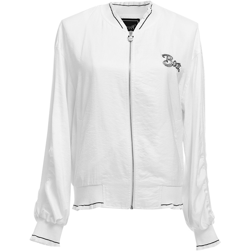 欧昵雪撞色V领字母绣花短外套女宽松长袖棒球服夹克