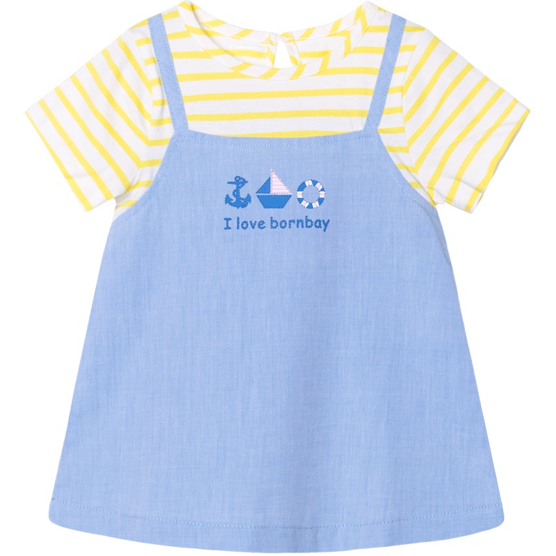 贝贝怡女童短袖T恤夏季新款纯棉海军风薄款长上衣192Q143