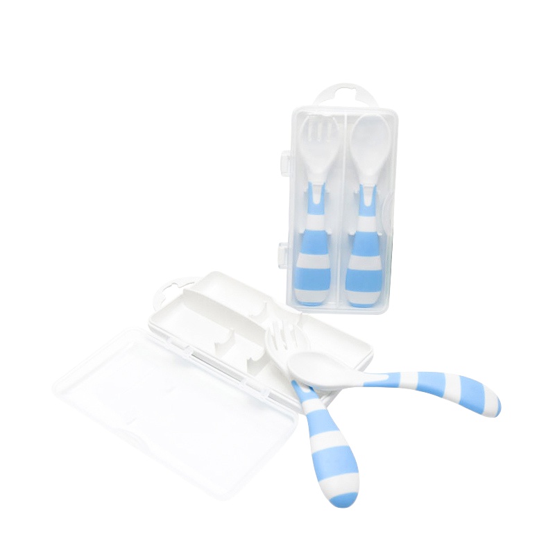 婴蓓 宝宝学吃饭叉子勺子婴儿辅食训练叉勺PP套装儿童餐具 配防尘盒