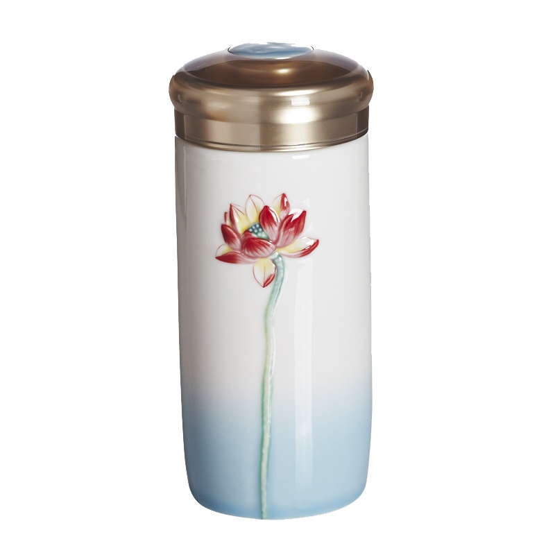 乾唐轩活瓷清心福莲随身杯双层300ml彩绘艺术女士陶瓷水杯 B2B商品