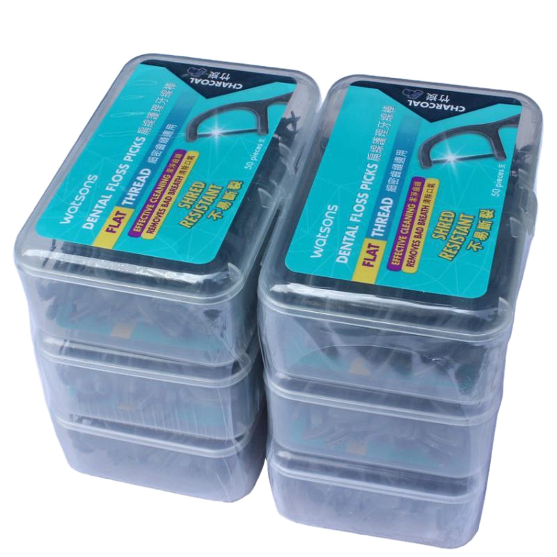 香港屈臣氏黑色竹炭扁线牙线棒牙线盒家用超细剔牙棒，6盒300支