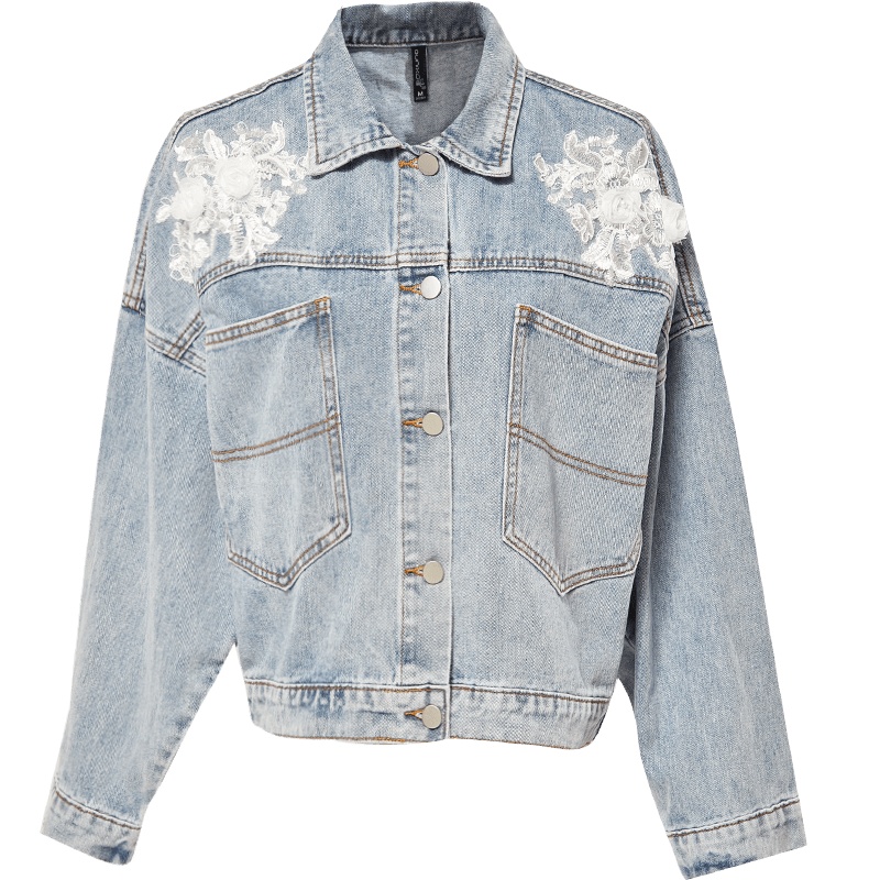 欧昵雪长袖宽松短款牛仔外套女立体花朵刺绣上衣