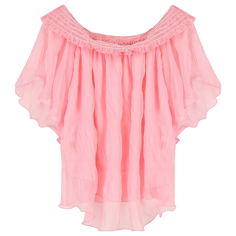 妖精的口袋Y蓬蓬上衣夏装白色一字领荷叶袖短袖雪纺衫女J_1