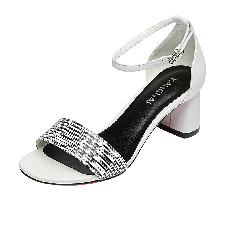 康奈女鞋 夏季拼色粗跟搭扣时装凉鞋女时尚百搭高跟凉鞋高跟鞋15484008