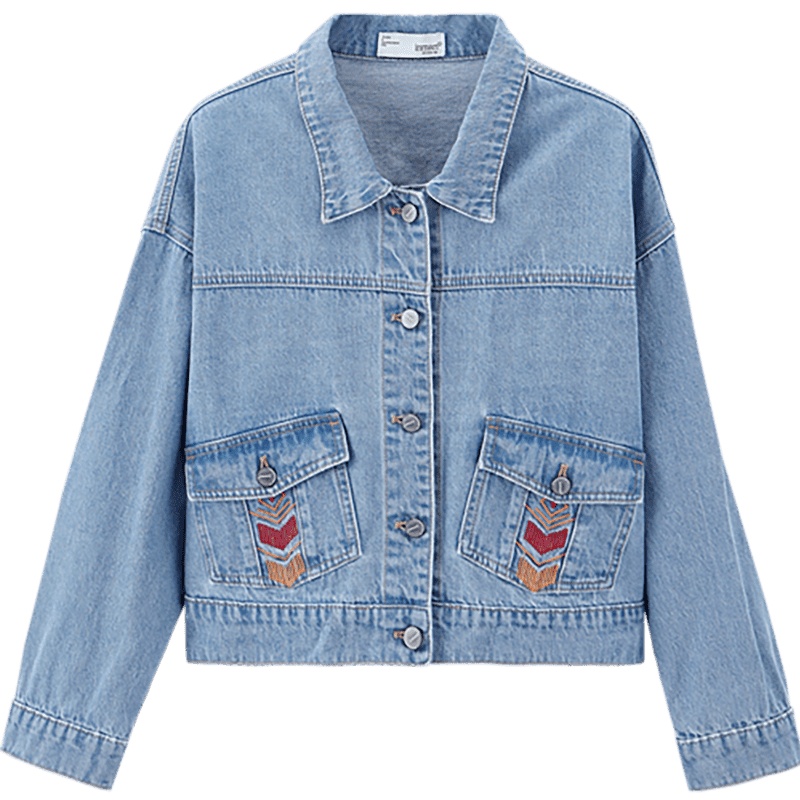 茵曼短外套女2019秋装新款时尚宽松落肩袖绣花个性短款蓝色牛仔衣
