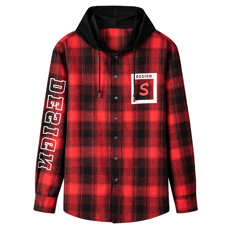 雪中飞2019新款格子衬衫男春秋韩版长袖衬衣帅气青少年潮流连帽潮牌外