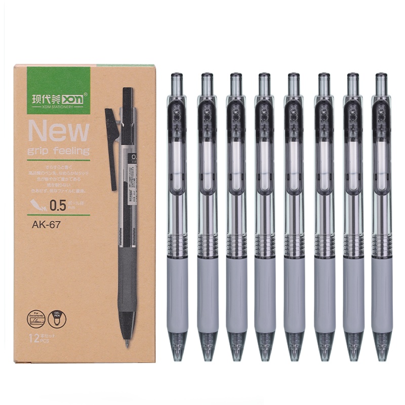 现代美(xdm)AK-67按动中性笔0.5mm简约透明笔杆黑红蓝三色学生水笔弹簧笔夹办公用签字笔按动笔三色可选12支/盒