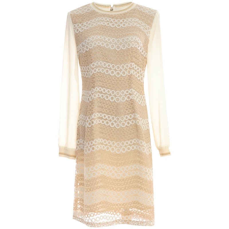 欧昵雪圆领拼接雪纺长袖收腰显瘦蕾丝连衣裙女