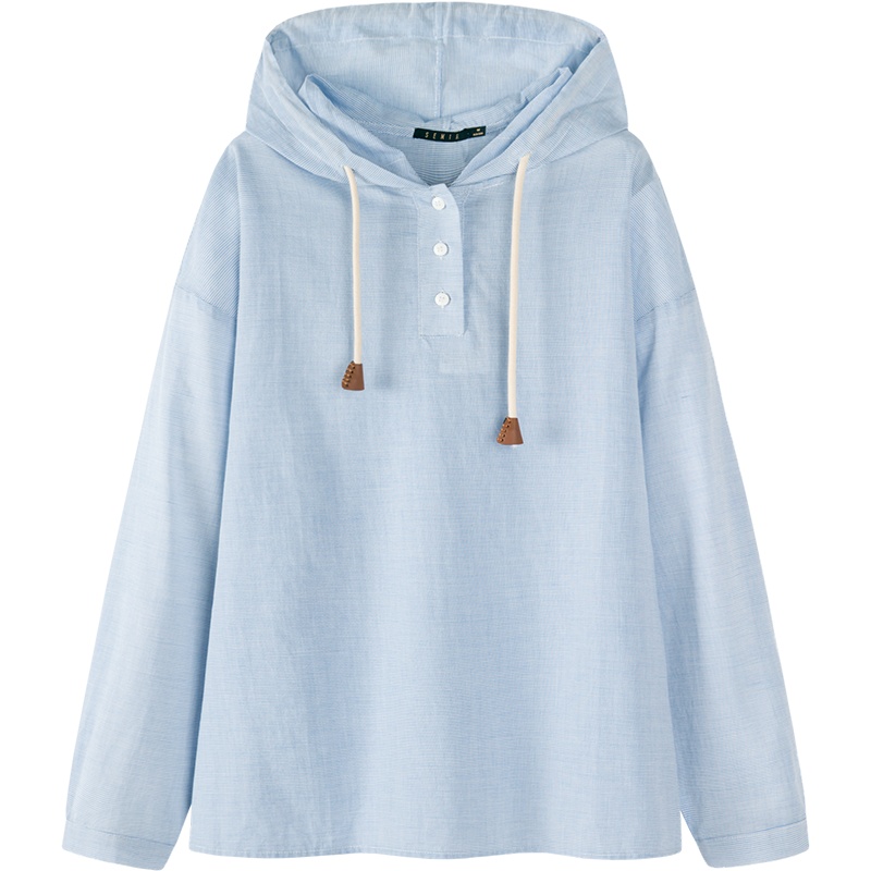 森马2019秋季新款连帽长袖衬衫女宽松落肩袖纯棉条纹衬衣chic衣服