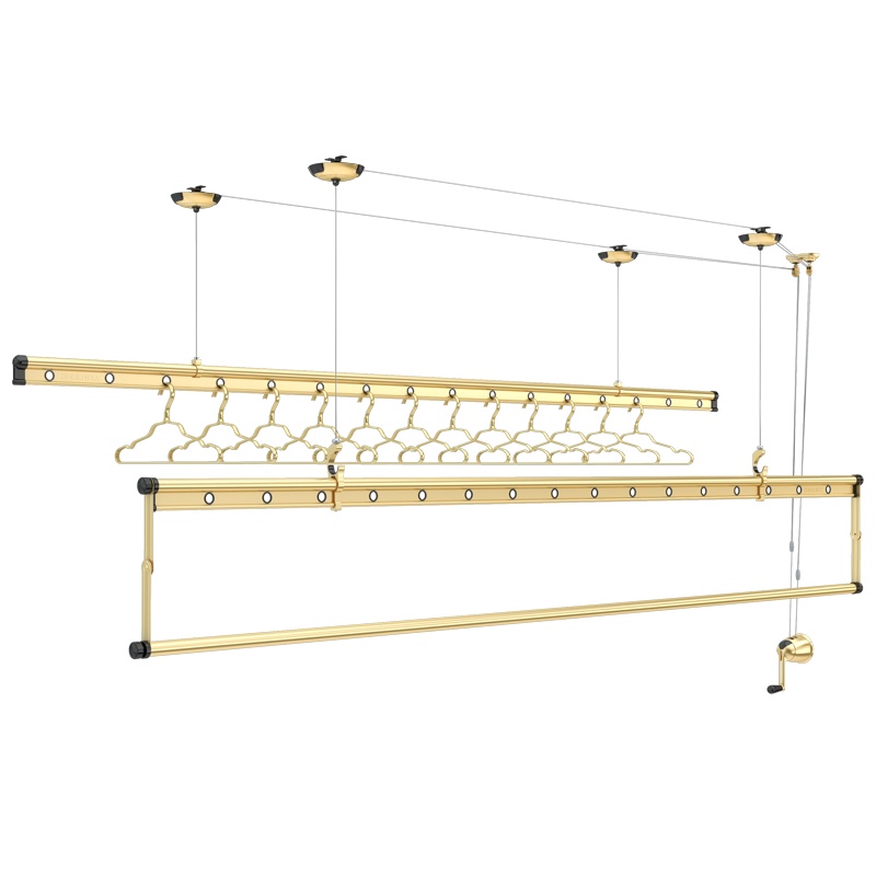好太太升降晾衣架双杆三杆式晒衣架家用阳台伸缩手摇晾衣杆挂衣架D-1023T金色2.8米三杆+12个铝衣架+保修三年