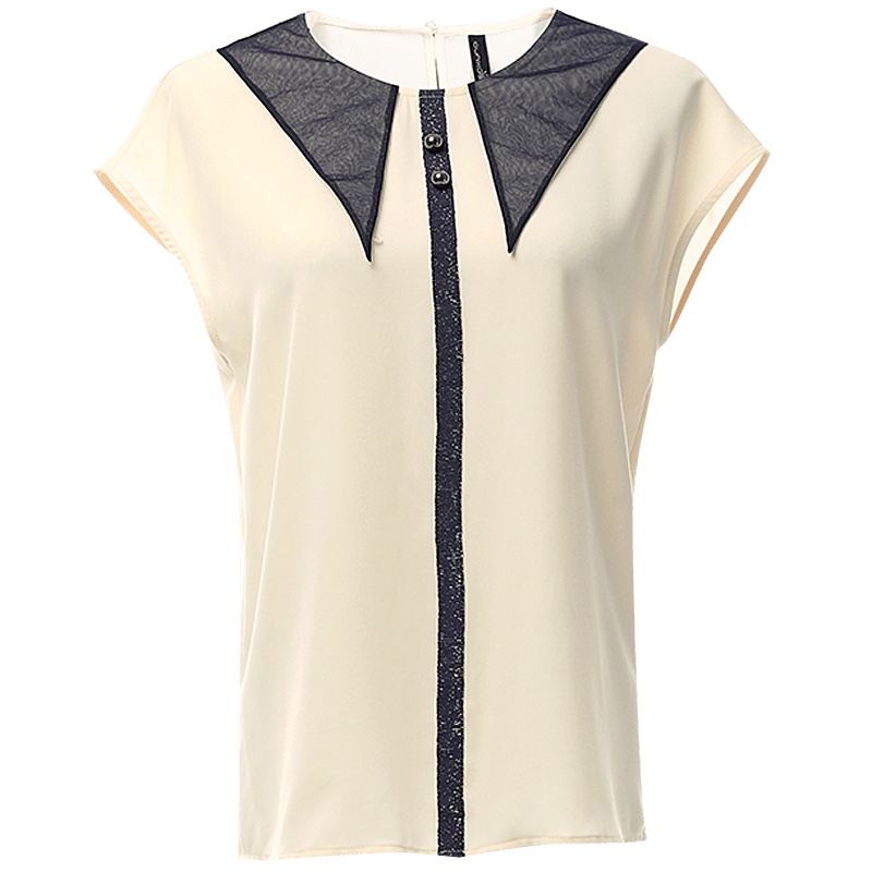 欧昵雪夏季撞色纱拼接圆领套头宽松短袖上衣女时尚小衫