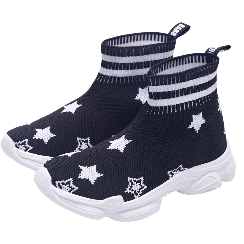 芭比童鞋女童袜子鞋高帮针织儿童运动鞋女孩公主透气黑色秋季新款