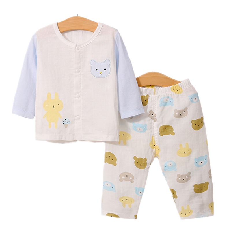 依尔婴婴儿纱布衣服夏季男女宝宝纯棉家居服套装儿童睡衣长袖薄款空调服TZ1827
