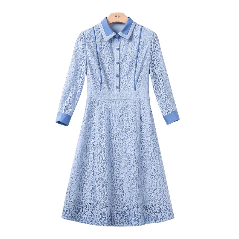 晚白 2020春季新品时尚通勤翻领显瘦中长款A字衬衫裙蕾丝连衣裙女