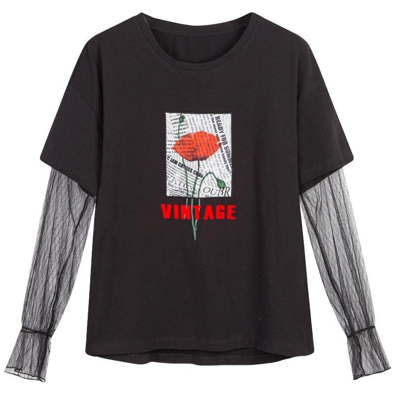 拉夏贝尔网纱拼接宽松T恤女装夏装新款韩版圆领上衣打底衫潮