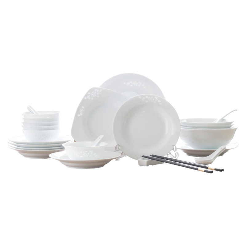 家用陶瓷吃饭碗盘碟子餐具烘焙精灵自由组合菜盘汤碗面碗单个 玉牡丹28头