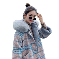 茜靓CHYLLIRN大毛领格子羽绒棉服2020年新款女中长款ins文艺韩版宽松棉衣外套