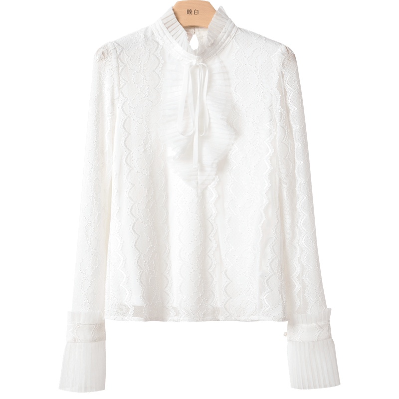 晚白2020秋冬新品名媛淑女小香风纯色立领长袖修身打底衫蕾丝衫女