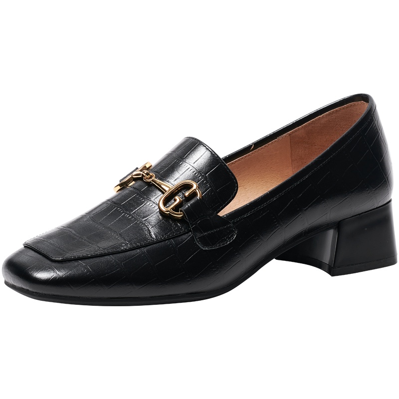 百田森2021秋季新款真皮乐福鞋女石头纹粗跟英伦风女单鞋百搭