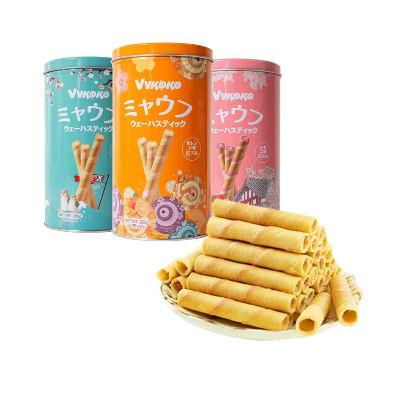(拍3发4)VVKOKO瞄芙香橙味爆浆威化卷心酥(罐装)205g*1 苏宁自营零食马来西亚进口零食蛋卷威化饼干休闲小点心