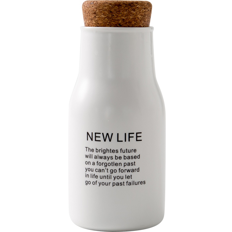 瓷魂 创意时尚英文水瓶杯创意陶瓷马克杯个性带盖学生便携漂流瓶 简约随手杯 new life