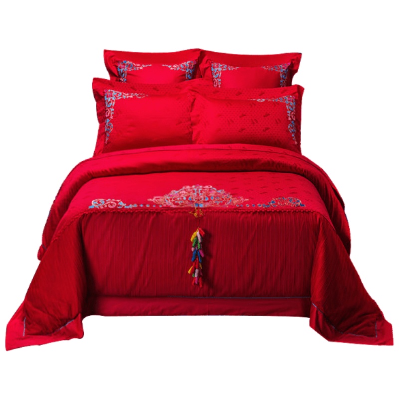 维科家纺粉色蕾丝提花婚庆七件套婚庆结婚床品1.8米床