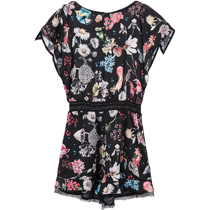 马克华菲女装2019夏圆领无袖修身显瘦连裤裙印花复古风裙裤