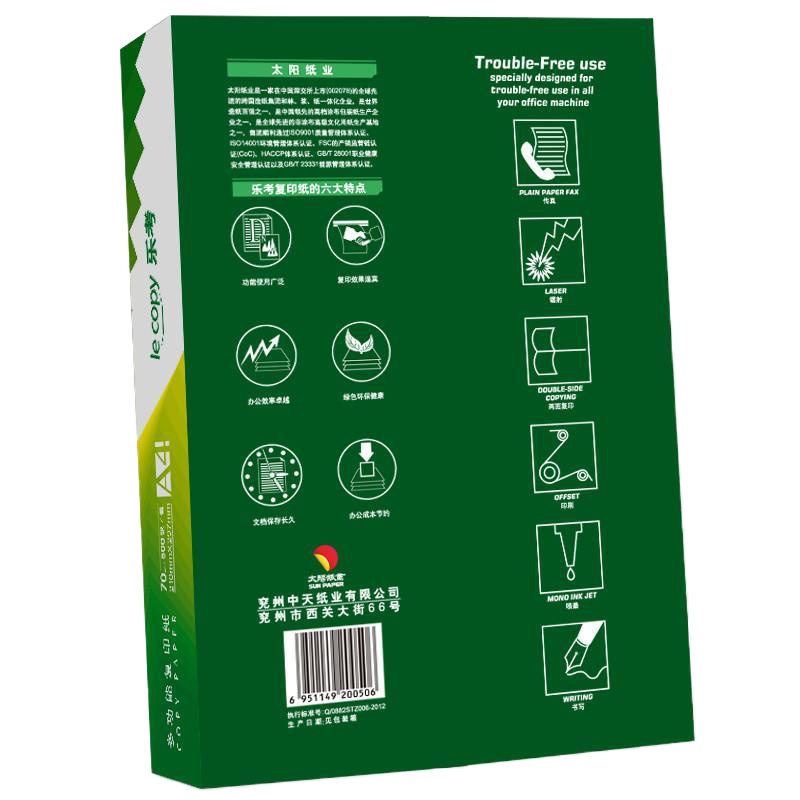 A4多功能复印纸 复印纸 70g(绿)(5包/箱*500张/包)