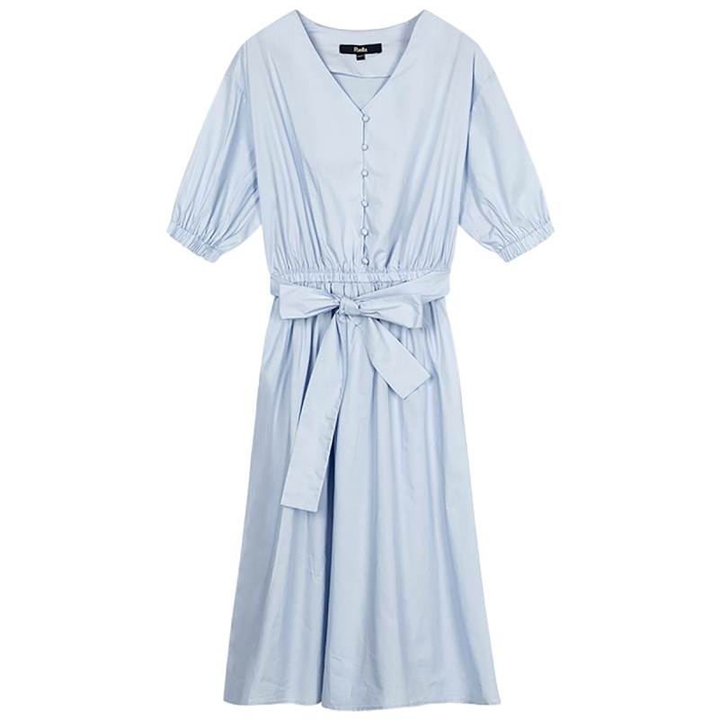 拉夏贝尔连衣裙韩版新款女中长款五分袖V领宽松显瘦休闲纯色裙子