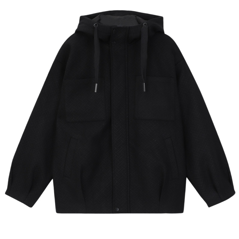 [1折价99.9元]唐狮冬季连帽仿毛呢外套男士青港风宽松黑色夹