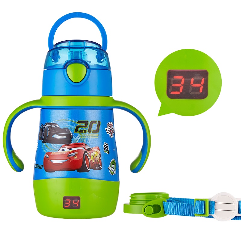 迪士尼双耳两用儿童保温杯带吸管智能显温水杯便携 幼儿园婴幼儿宝宝吸管杯可爱真空保温儿童学饮杯温度显示-蓝色赛车