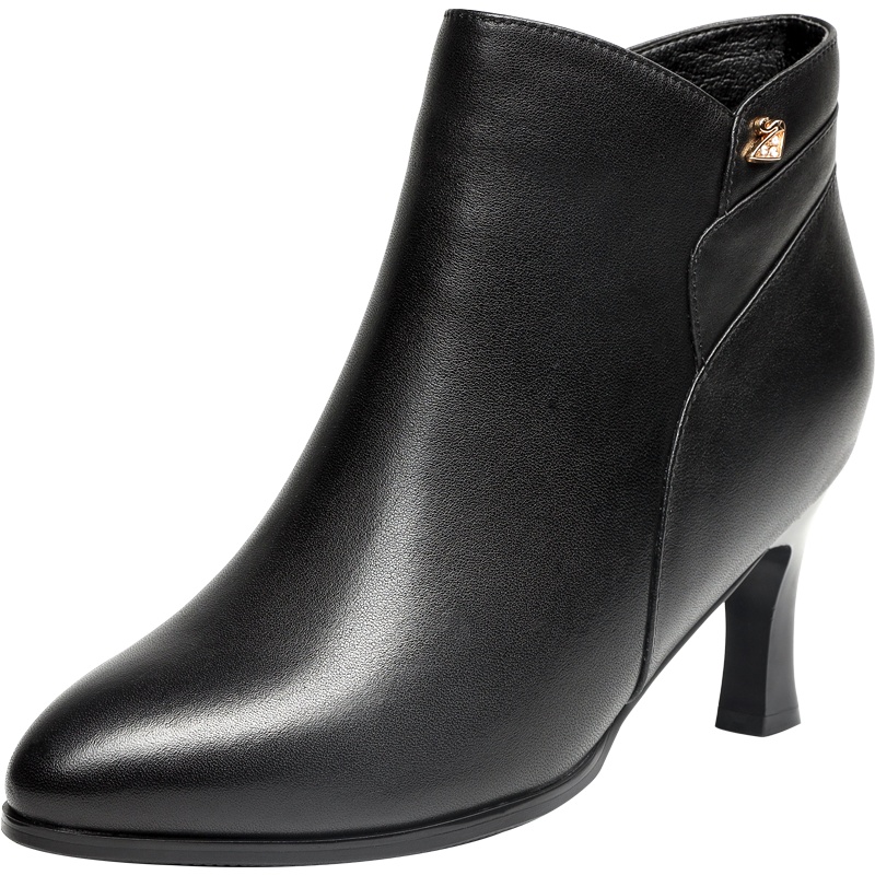 红蜻蜓女鞋真皮马丁靴新款英伦简约细跟短靴女头层牛皮加绒保暖棉