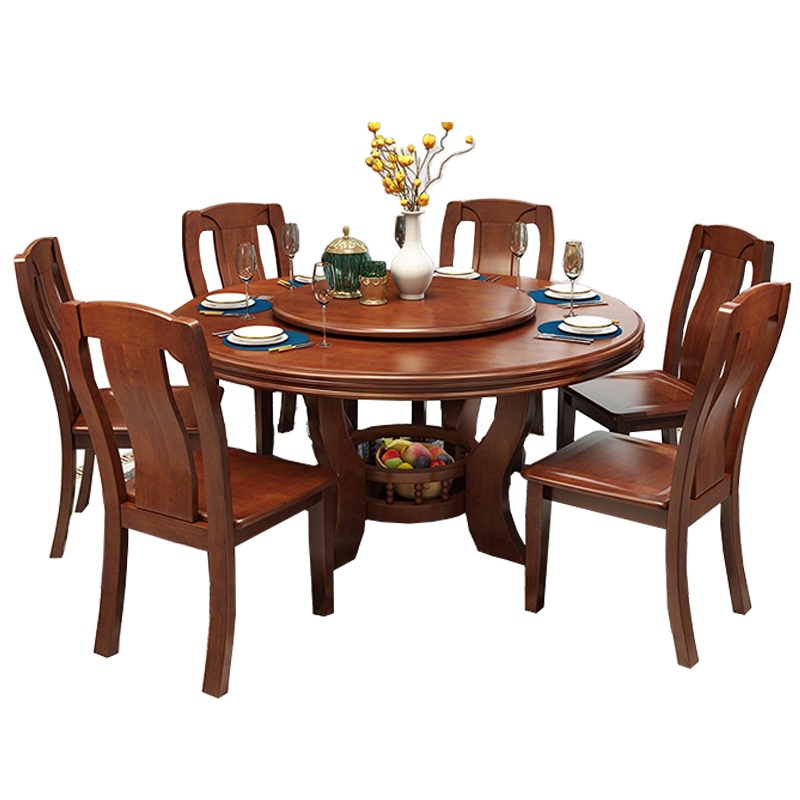 实木餐桌 橡胶木质圆形餐桌椅组合 新中式大圆桌带转盘酒店饭店家用夕桌