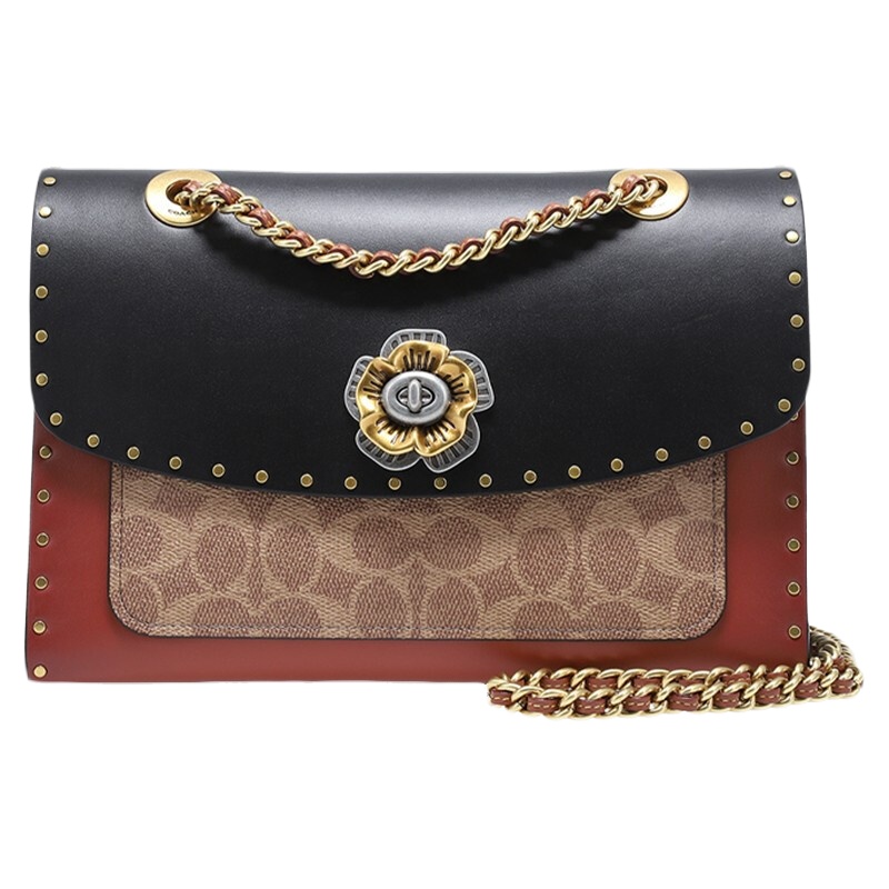 蔻驰COACH奢侈品女士PARKER铆钉山茶花中号小方包单肩斜挎包配皮礼物送女友C4659 B4/M2