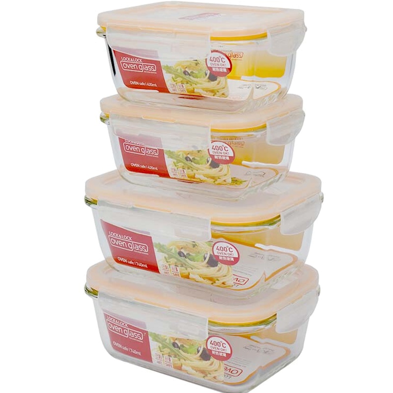 乐扣乐扣(lock&lock)耐热玻璃套装保鲜盒饭盒微波炉 便当盒长方形 四件套LLG429S004