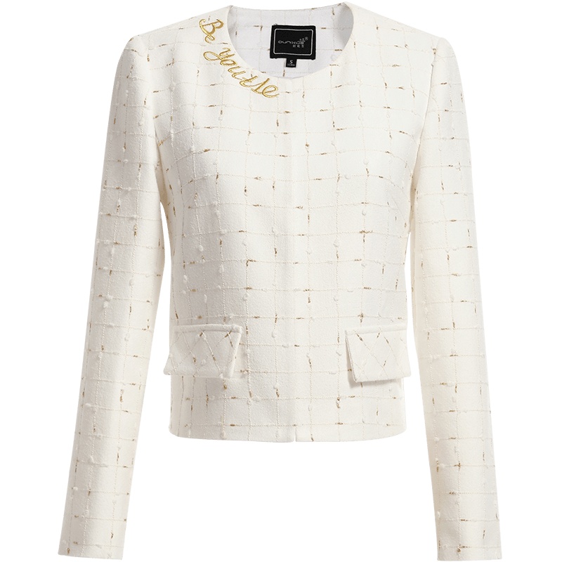 欧昵雪秋冬圆领字母绣花亮丝宽松短款外套女长袖气质上衣