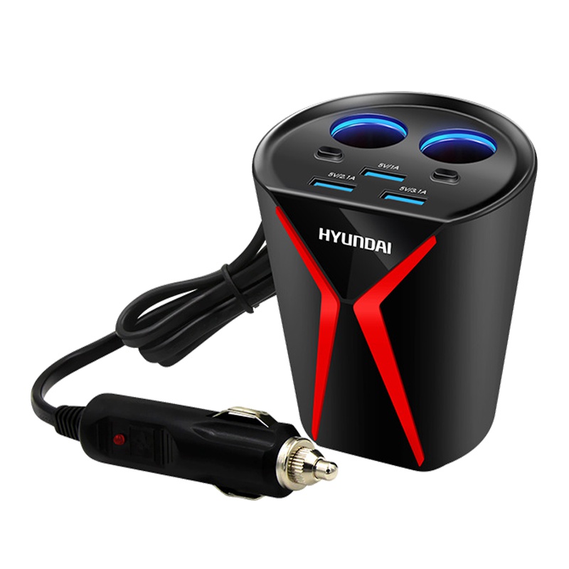 现代(HYUNDAI)HY-18车载充电器 杯架式3USB手机车用多功能车充一拖二点烟器車充