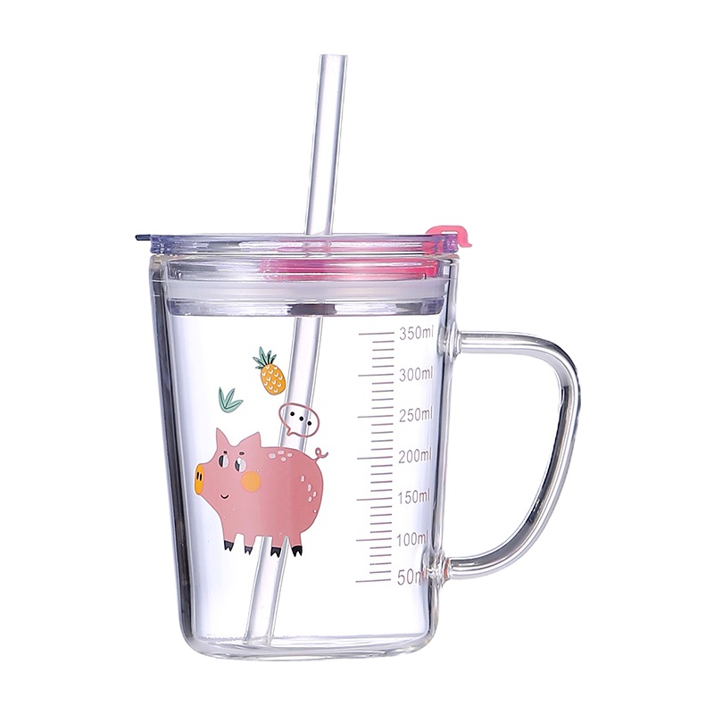 儿童牛奶杯带刻度微波炉可加热吸管防摔玻璃宝宝喝奶冲奶粉专用杯 封后 卡通刻度直身杯-萌萌猪(260ml)玻璃杯