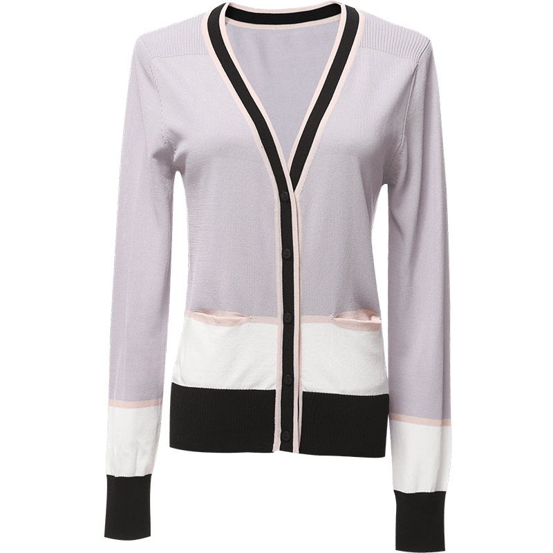 欧昵雪秋装撞色V领修身显瘦长袖针织衫女显瘦毛衣外套