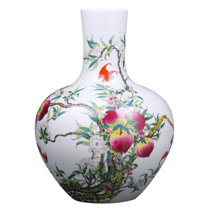 LICHEN 陶瓷花瓶摆件景德镇新中式家居装饰摆设办公室艺术品瓷器粉彩九桃 天球款中号