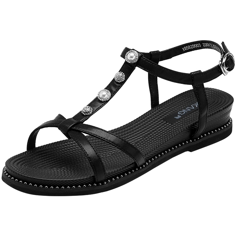 奥康凉鞋女夏季罗马休闲凉鞋一字带珍珠软底休闲舒适鞋子女