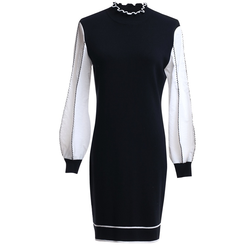 欧昵雪春秋季灯笼袖拼接长袖半高领套头针织连衣裙女包臀